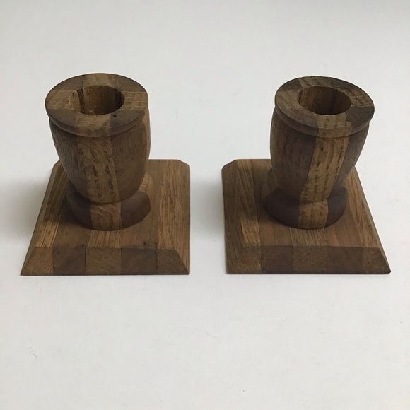 Vintage Folk Art Rustic Pair Small Solid Wood Candlestick Holders 3” Primitive - Picture 6 of 16